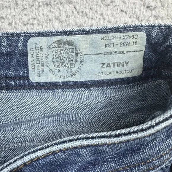 Diesel Jeans Mens 33x34 Zatiny Distressed Regular Bootcut C84ZX Button Fly Blue - Picture 5 of 16